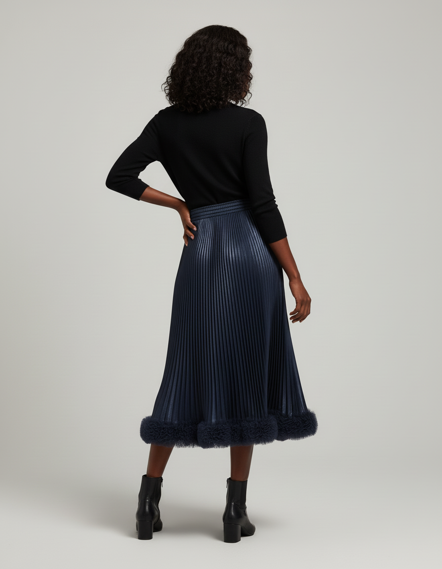 Jupe Plissée Midi Bleu Marine