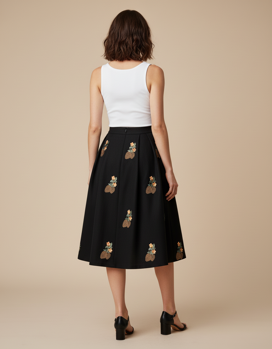 Jupe Midi Noire Brodée Élégante