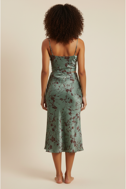 Jupe Midi Satinée À Motif Floral Vintage