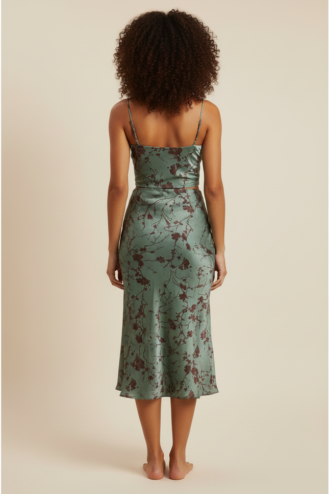 Jupe Midi Satinée À Motif Floral Vintage