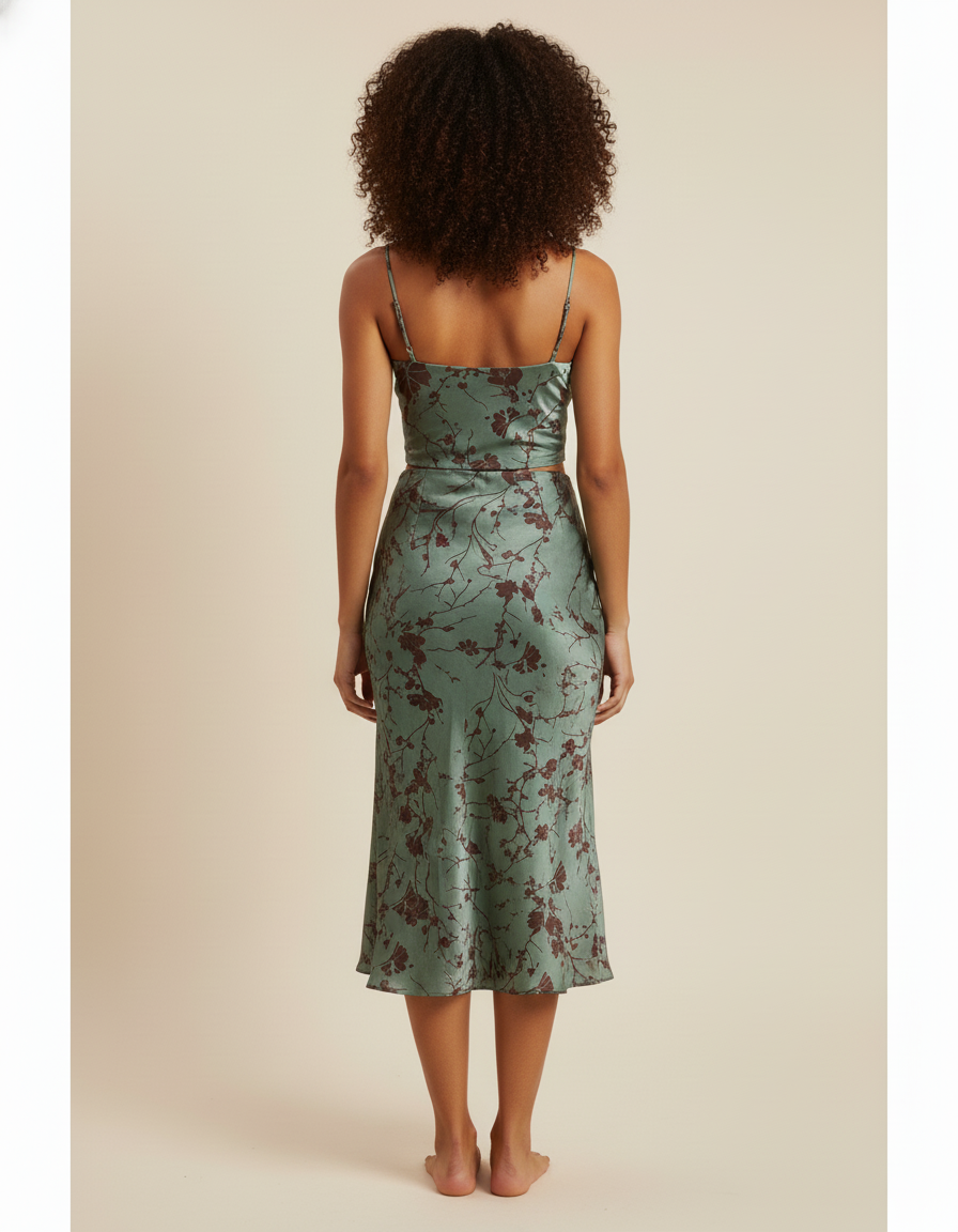 Jupe Midi Satinée À Motif Floral Vintage