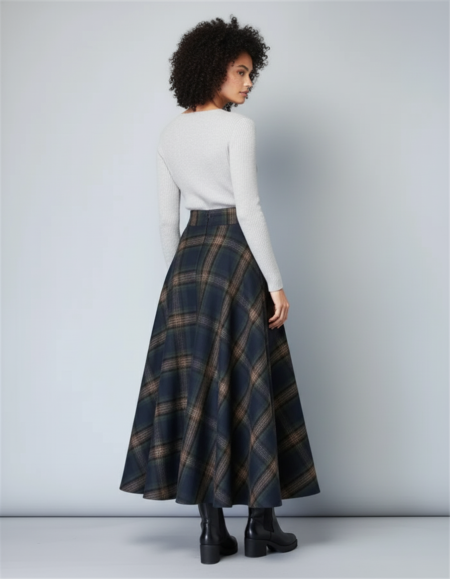 Jupe Midi Plaid Laine Chic