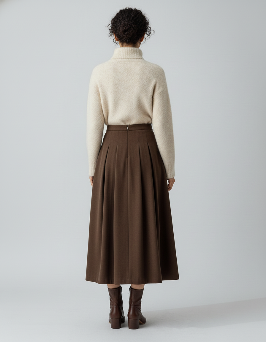 Jupe Midi Plissée Marron Élégante