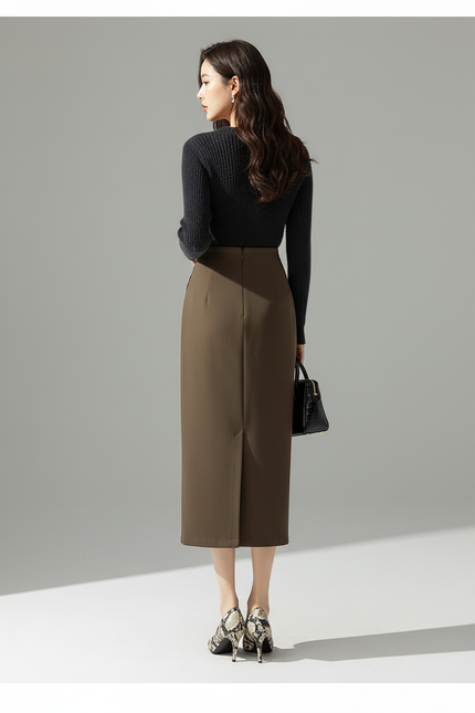 Jupe Midi Kaki Fendue Élégante