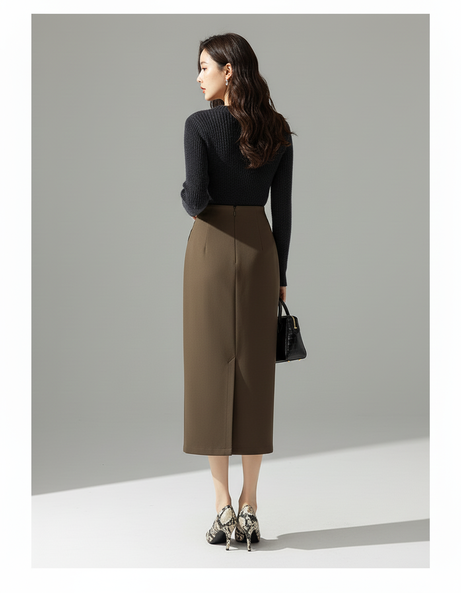 Jupe Midi Kaki Fendue Élégante