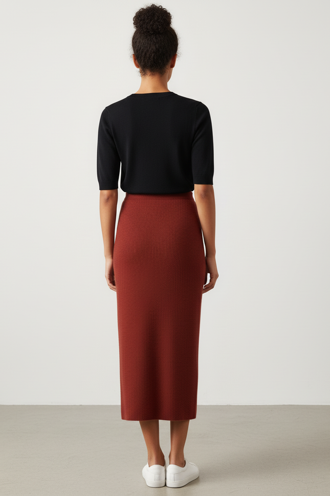 Jupe Midi Rouille Côtelée Élégante