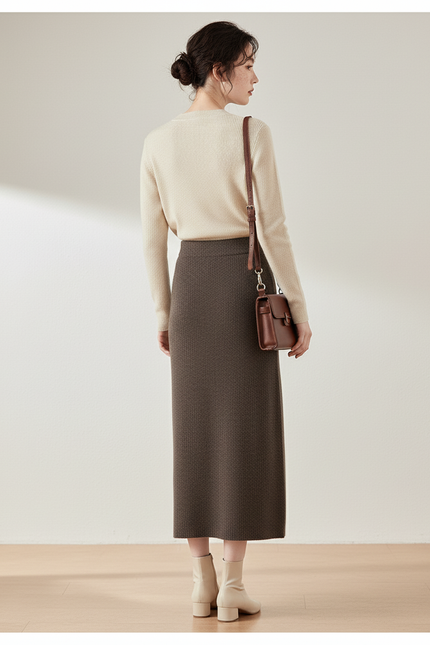 Jupe Midi Marron Tricotée Élégante cosy