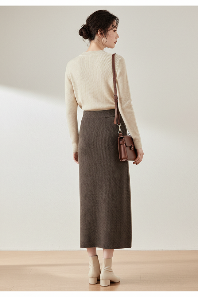 Jupe Midi Marron Tricotée Élégante cosy