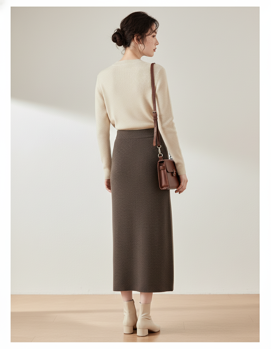 Jupe Midi Marron Tricotée Élégante cosy
