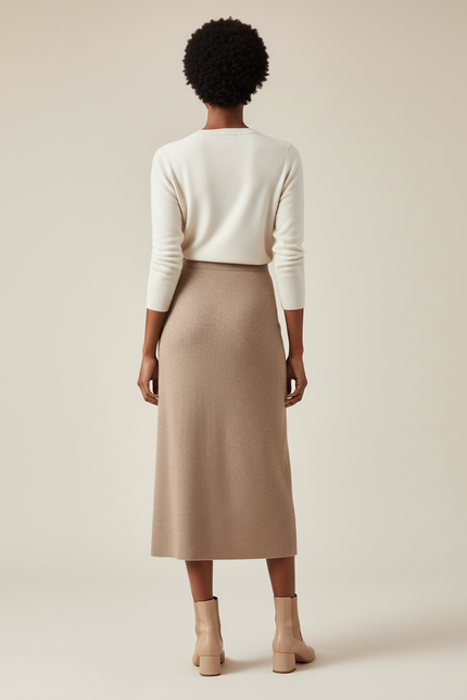 Jupe Midi Camel Tricotée Élégante