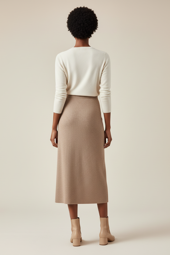 Jupe Midi Camel Tricotée Élégante