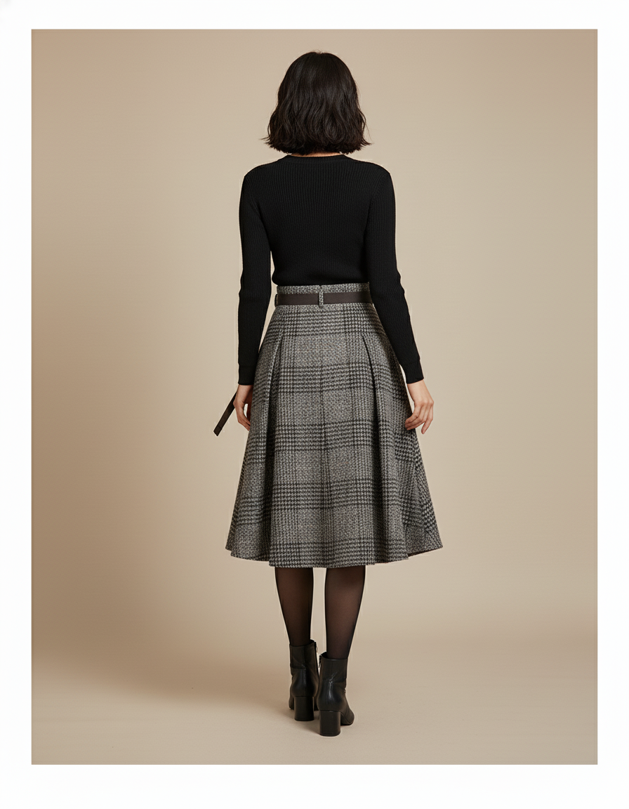 Jupe Midi Carreaux Laine Chic rétro
