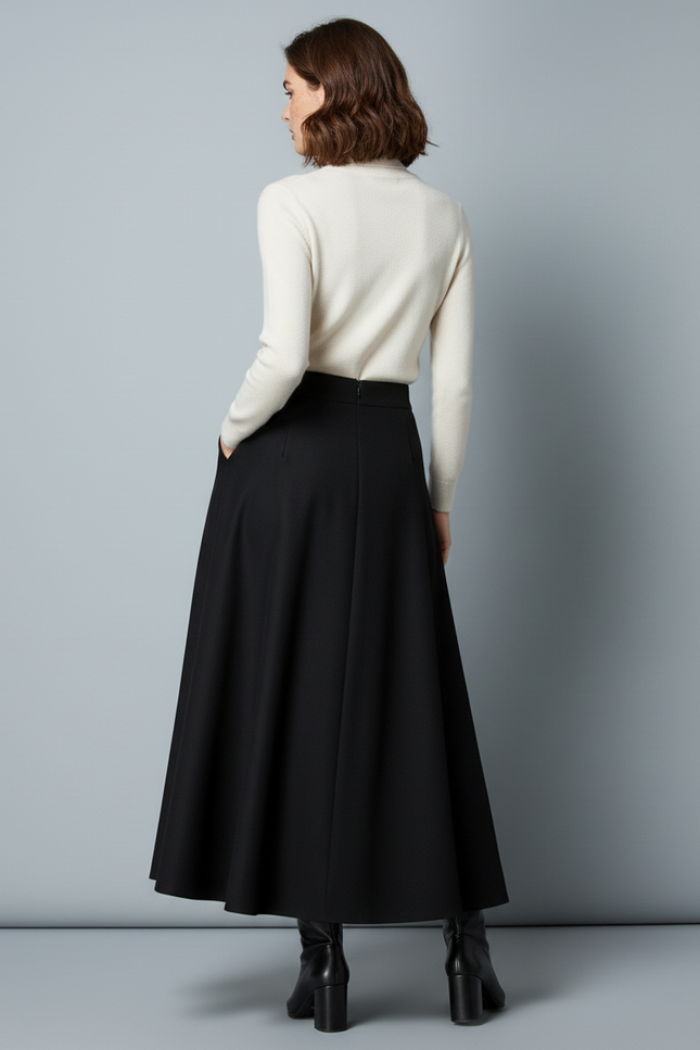 Jupe Midi Noire Évasée Élégante fluide