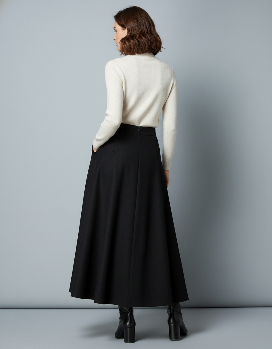 Jupe Midi Noire Évasée Élégante fluide