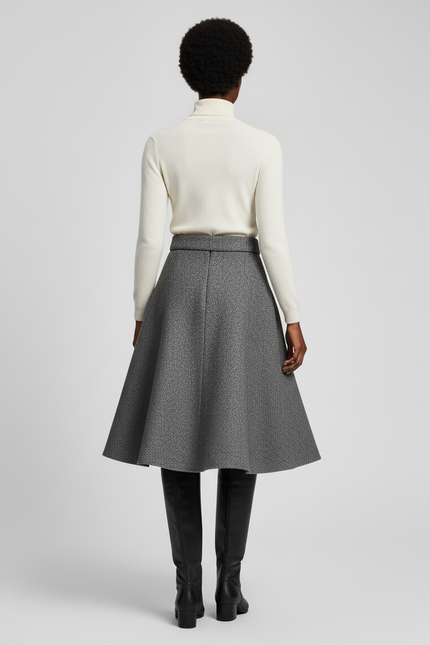 Jupe Midi Évasée Gris Chiné Élégante