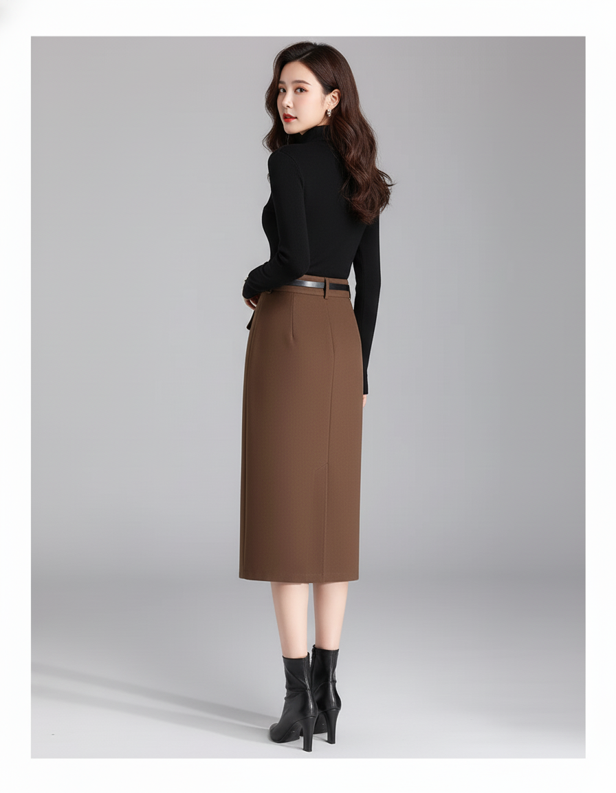 Jupe Midi Marron Droite Élégante