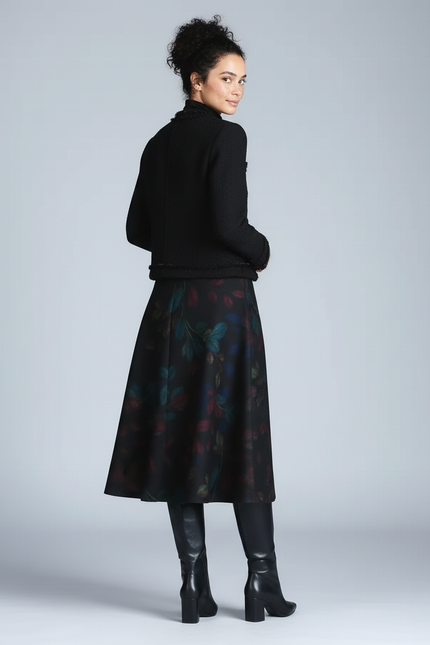 Jupe Midi Imprimée Feuilles Élégante