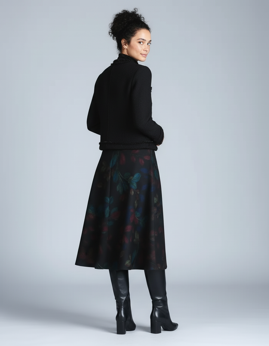 Jupe Midi Imprimée Feuilles Élégante