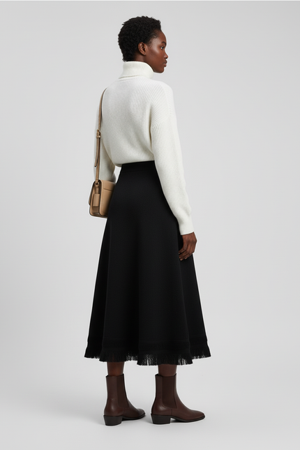 Jupe Midi Noire À Franges Chic