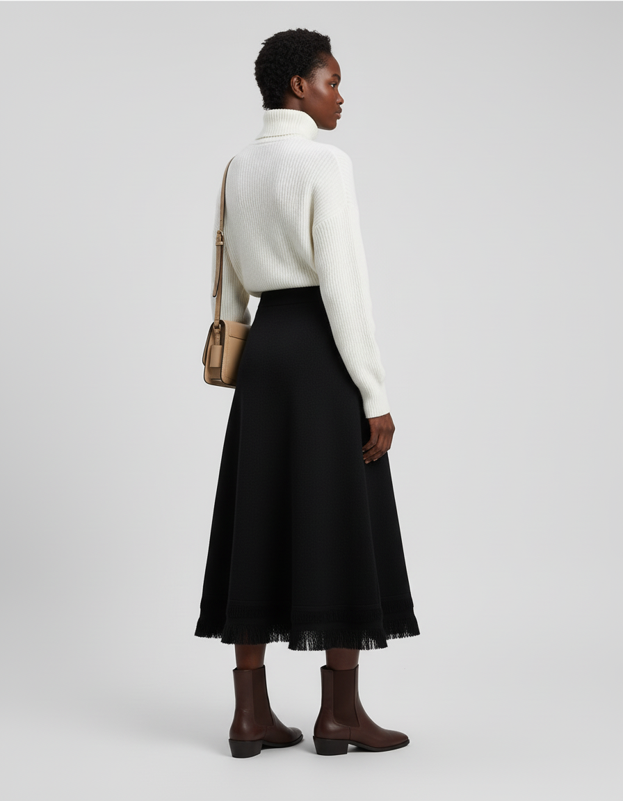 Jupe Midi Noire À Franges Chic