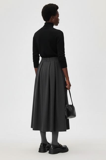 Jupe Midi Grise Plissée Laine Élégante