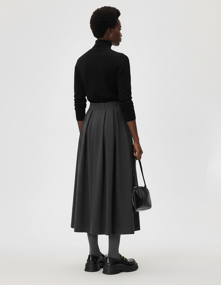 Jupe Midi Grise Plissée Laine Élégante