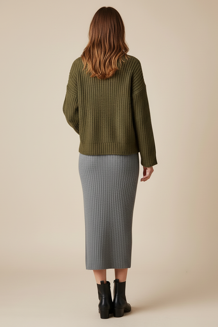 Jupe Midi Grise Côtelée Élégante sobre