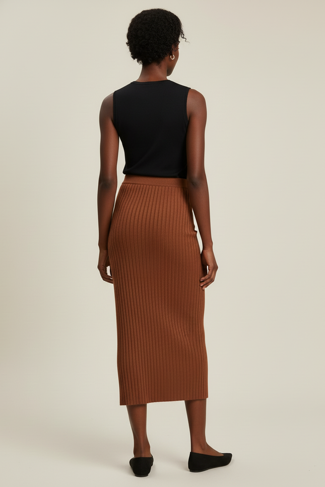 Jupe Midi Marron Maille Côtelée Chic