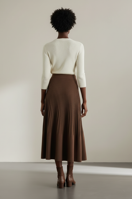 Jupe Midi Marron Plissée Élégante fluide chic