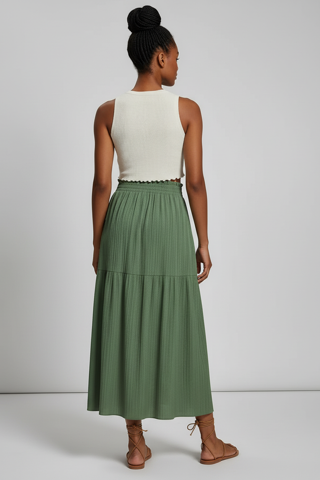 Jupe Midi Verte Fendue Plissée