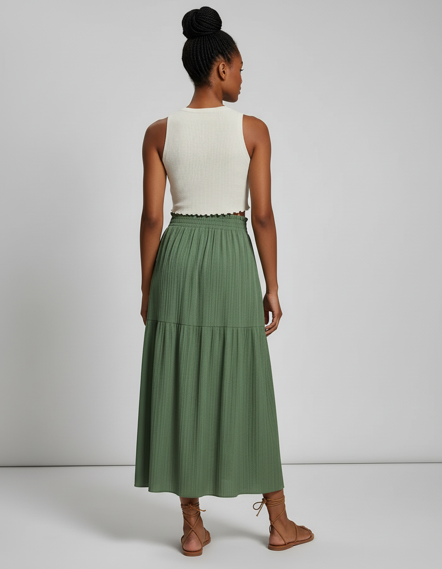 Jupe Midi Verte Fendue Plissée