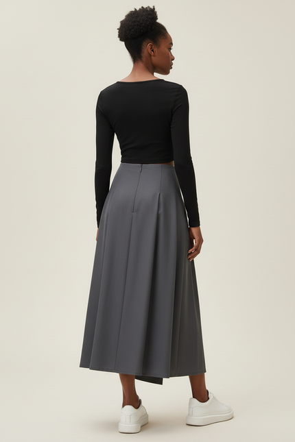 Jupe Midi Gris Portefeuille Plissée