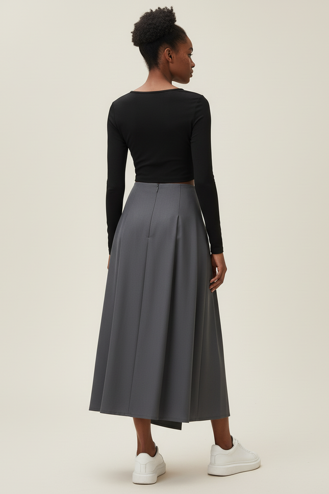 Jupe Midi Gris Portefeuille Plissée