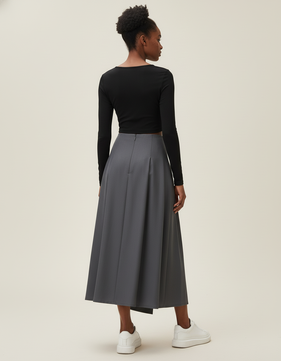 Jupe Midi Gris Portefeuille Plissée