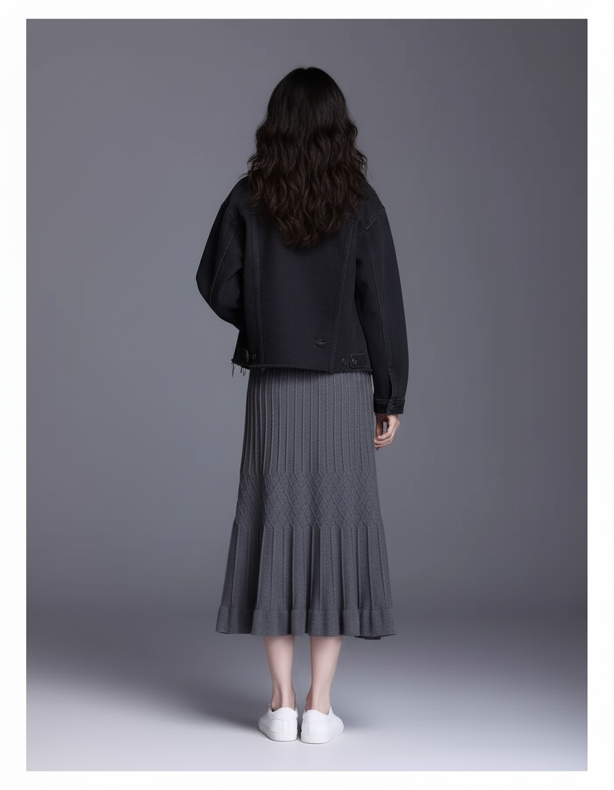 Jupe Midi Plissée Tricotée Élégante