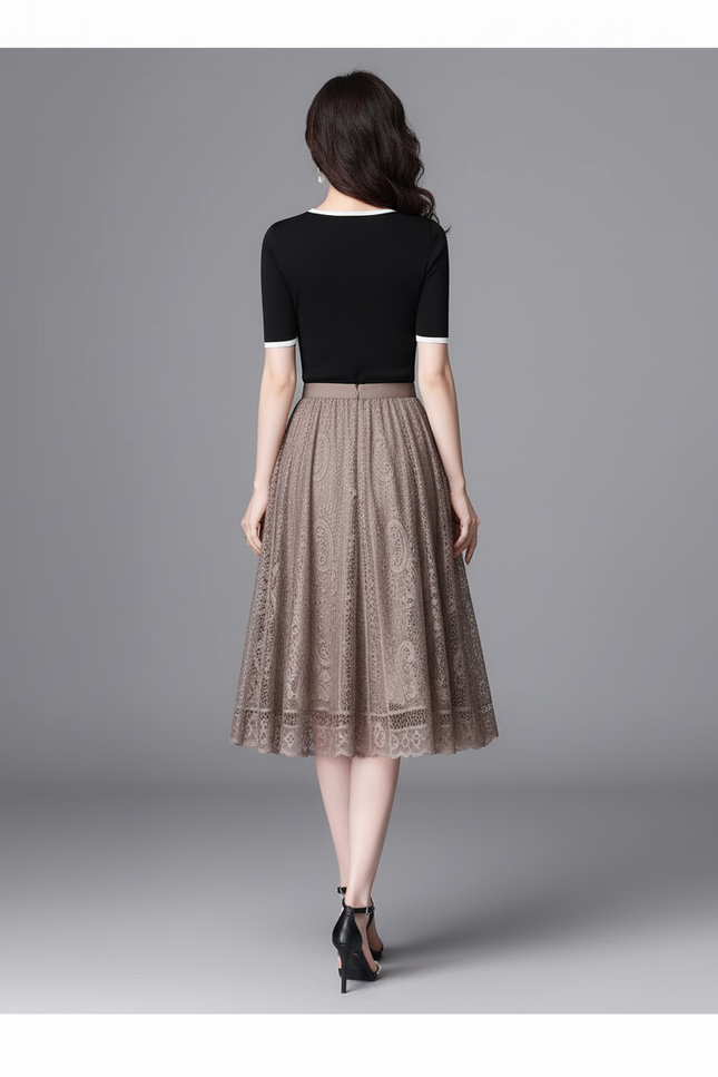 Jupe Midi Dentelle Plissée Élégante