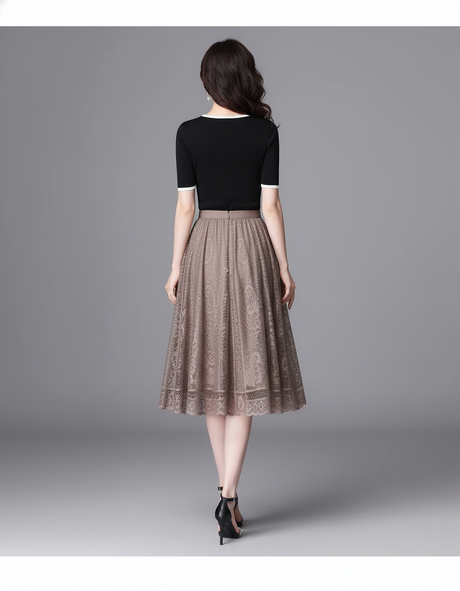 Jupe Midi Dentelle Plissée Élégante