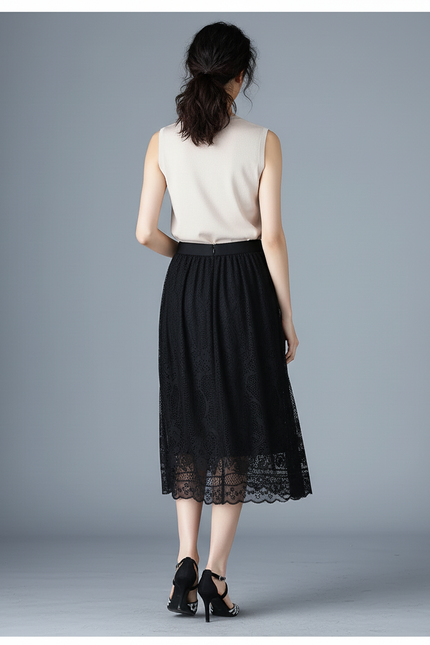 Jupe Midi Dentelle Noire Élégante