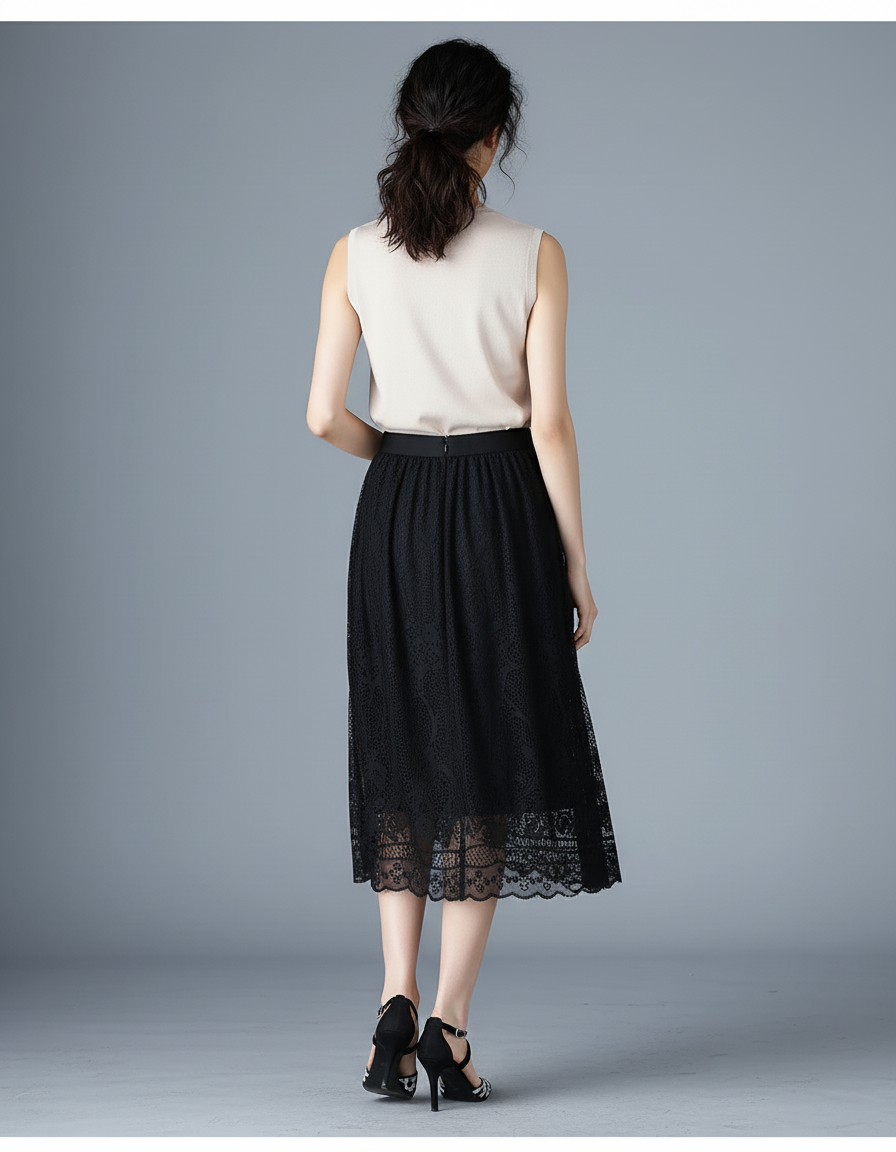 Jupe Midi Dentelle Noire Élégante