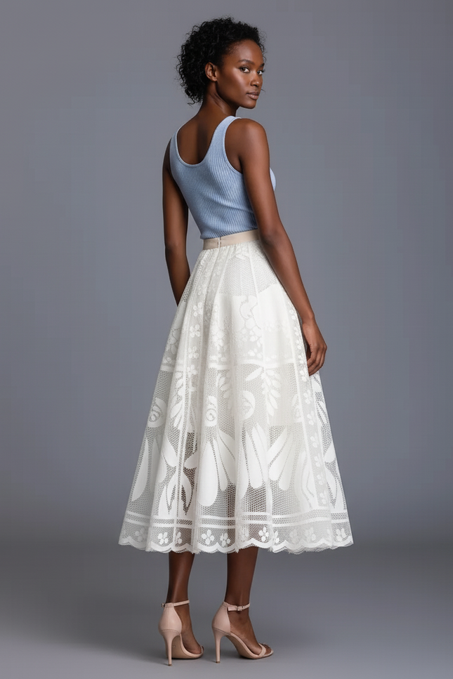 Jupe Midi Dentelle Motif Floral Élégante