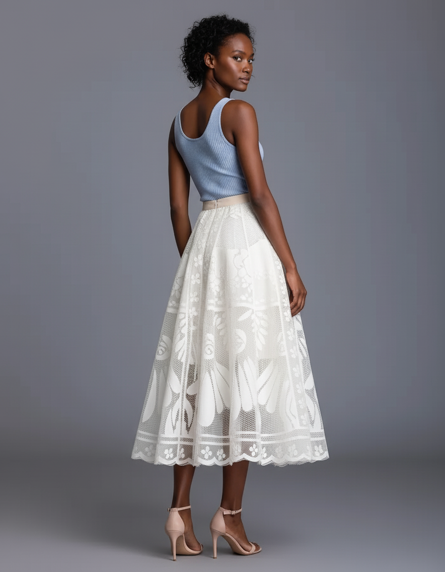 Jupe Midi Dentelle Motif Floral Élégante