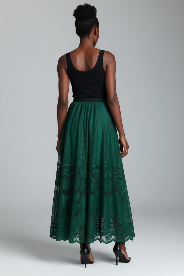 Jupe Midi Verte Dentelle Élégante