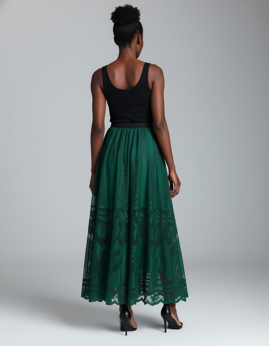 Jupe Midi Verte Dentelle Élégante