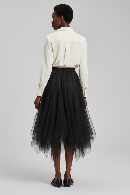 Jupe Midi Tulle Asymétrique Noire Élégante