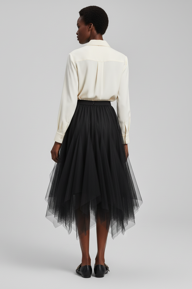 Jupe Midi Tulle Asymétrique Noire Élégante