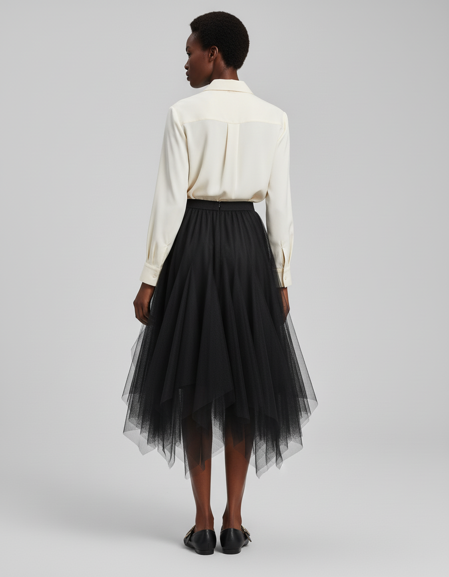 Jupe Midi Tulle Asymétrique Noire Élégante