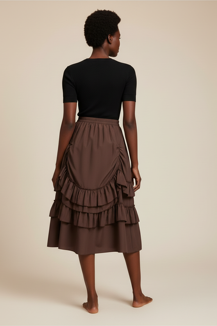 Jupe Midi Marron Volants Élégante
