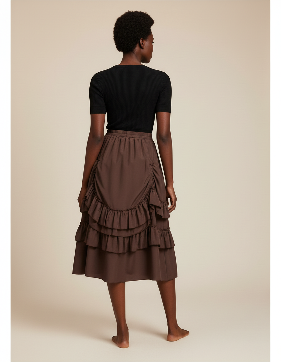 Jupe Midi Marron Volants Élégante