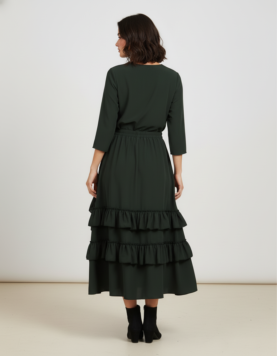 Jupe Midi Verte Volants Élégante