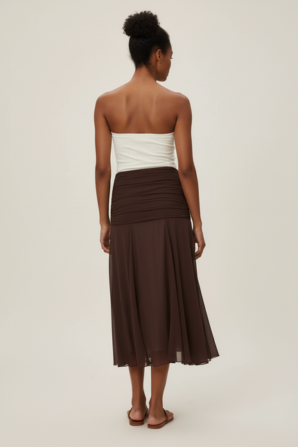 Jupe Midi Plissée Fluide Marron